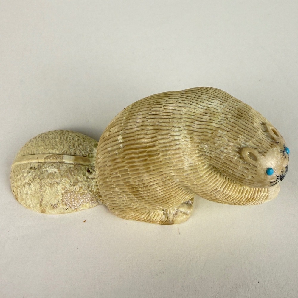 E. Weeka Zuni Beaver Fetish Carved Antler Turquoise Eyes Native American